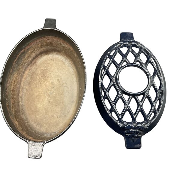 Vintage John Wright Cast Iron 3 Qt Wood Stove Steamer With Lattice Top Dark Blue - Picture 5 of 6